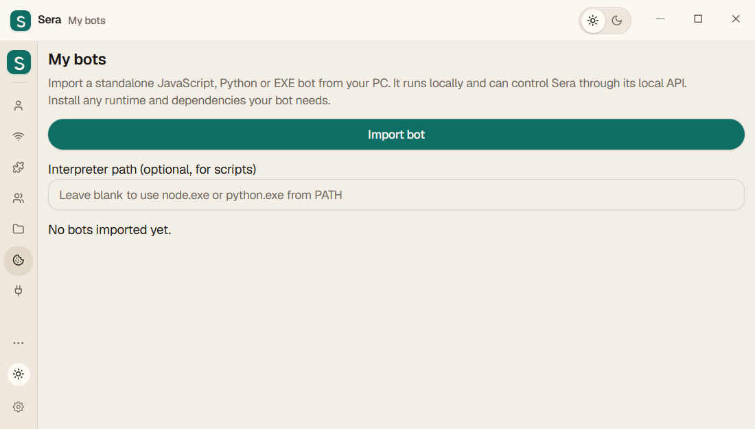 “My bots” section: file upload and path to the interpreter.