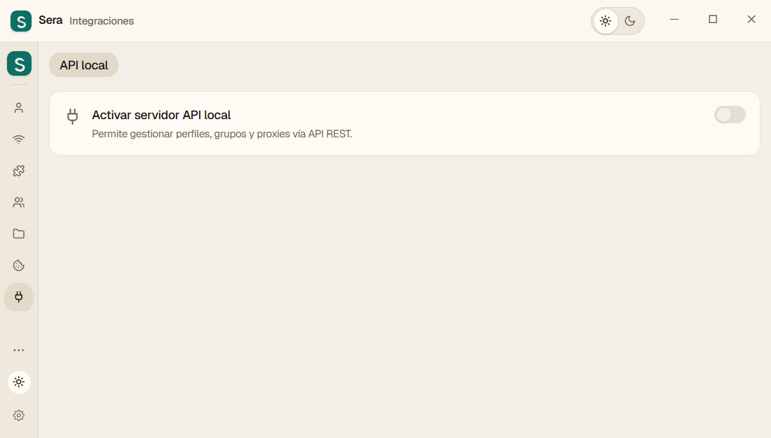 Nueva página de integración: solo API local