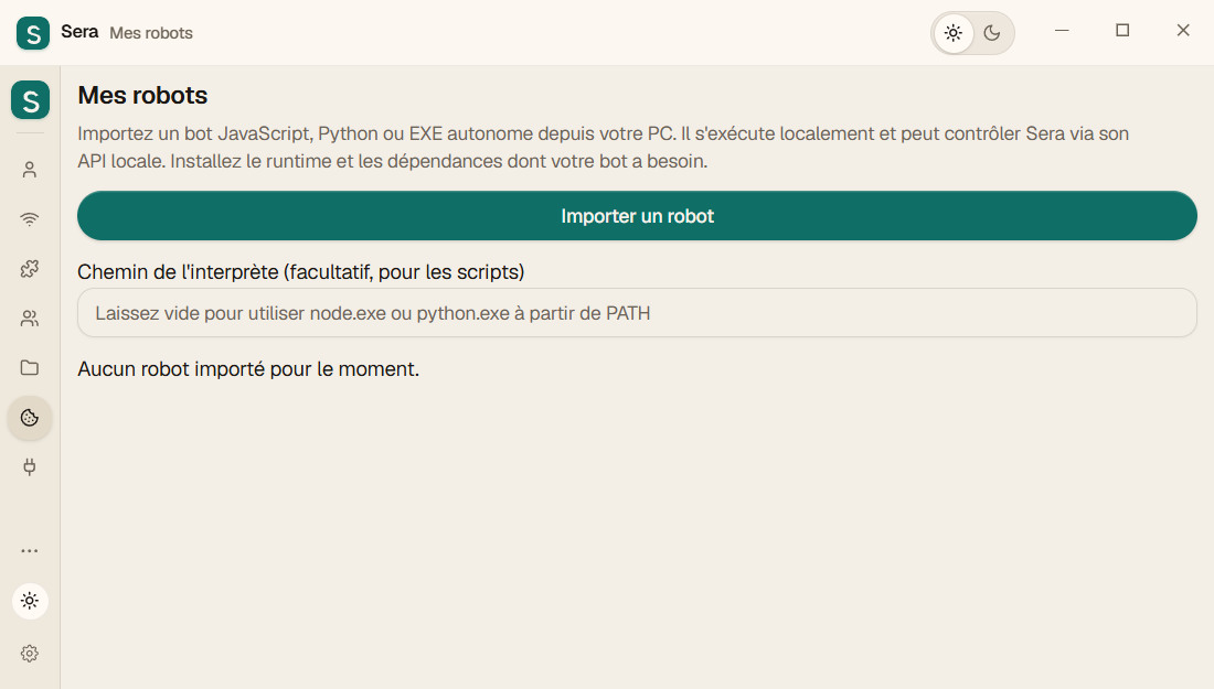 Rubrique « Mes bots » : téléchargement du fichier et chemin vers l'interpréteur.