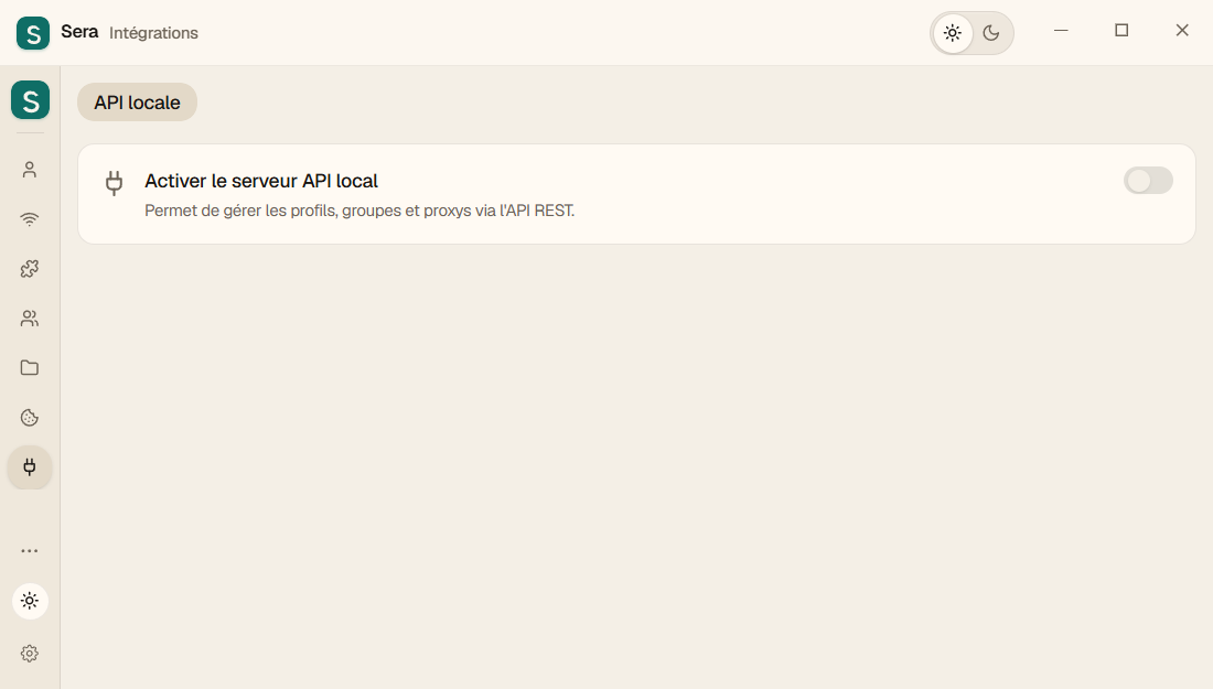 Nouvelle page d'intégration : API locale uniquement