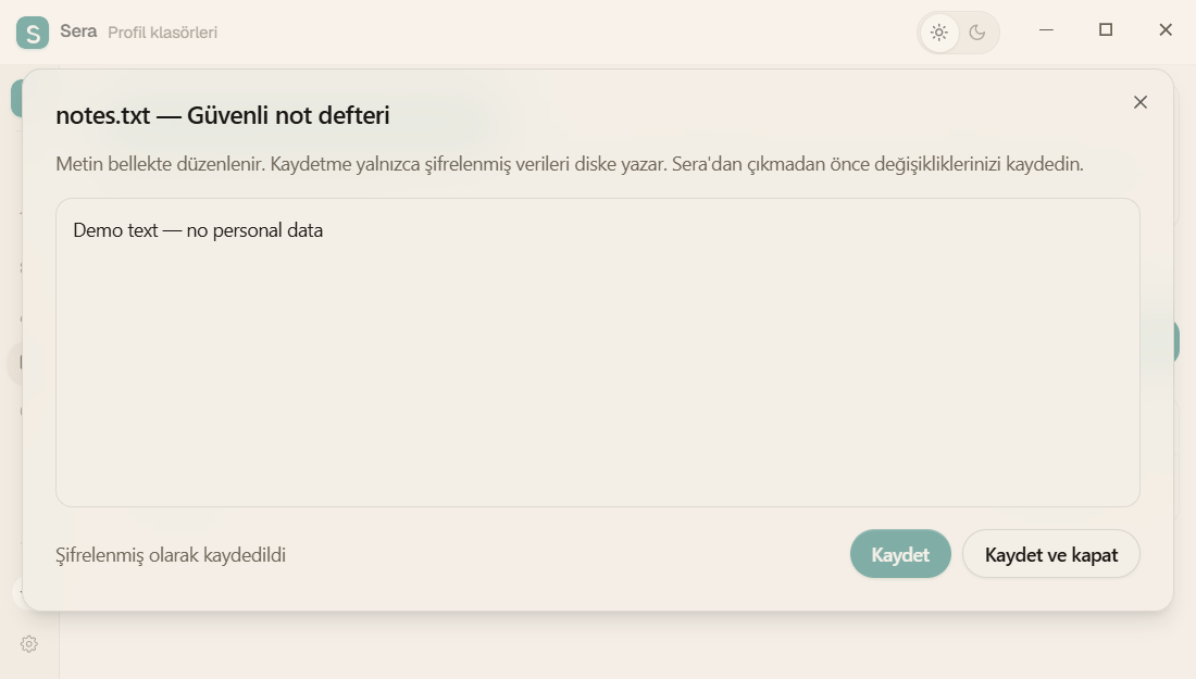 Metin dosyası için dahili Sera not defteri