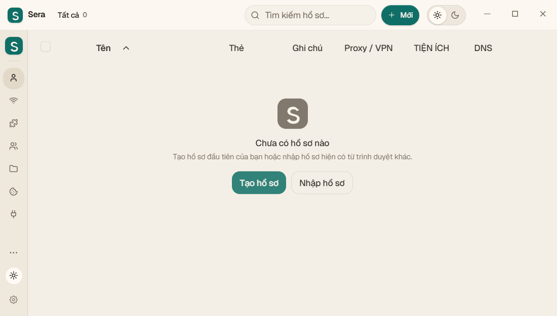 Sera trống: hồ sơ chưa được tạo.